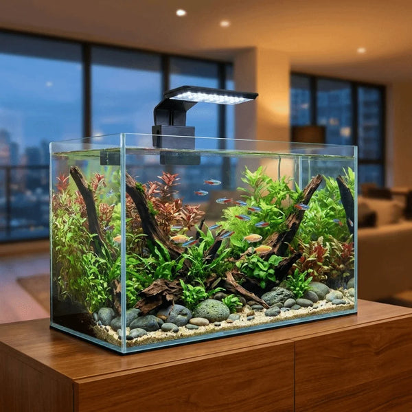 Aquarium en verre avec plantes aquatiques et bois flotté, éclairé par une lampe clip LED noire.