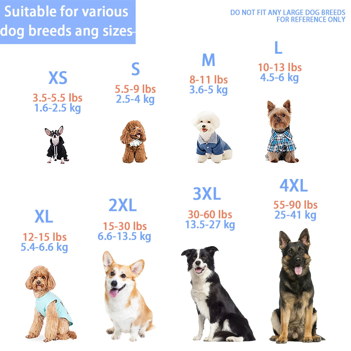 A guide showing various dog breeds and sizes with corresponding shirt sizes XS to 4XL.