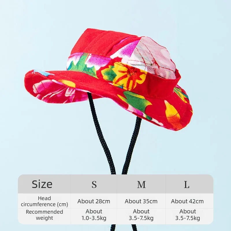 Red and pink floral print bucket hat for pets with adjustable strap