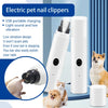 A white electric pet nail clipper is shown next to several pets, demonstrating its use for grooming.