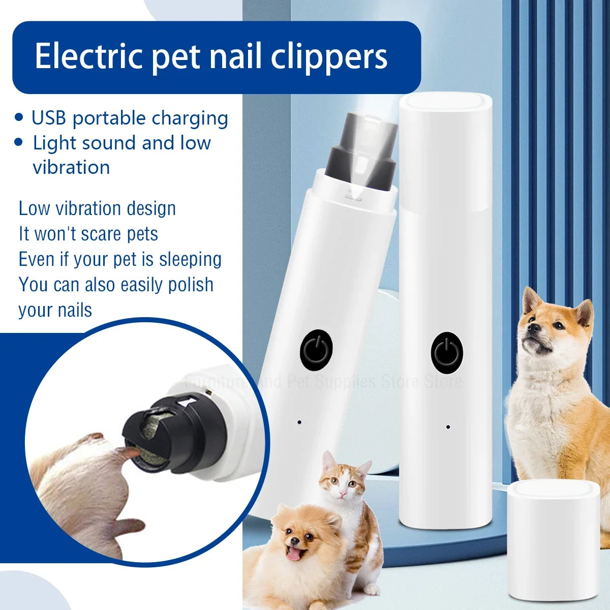 A white electric pet nail clipper is shown next to several pets, demonstrating its use for grooming.