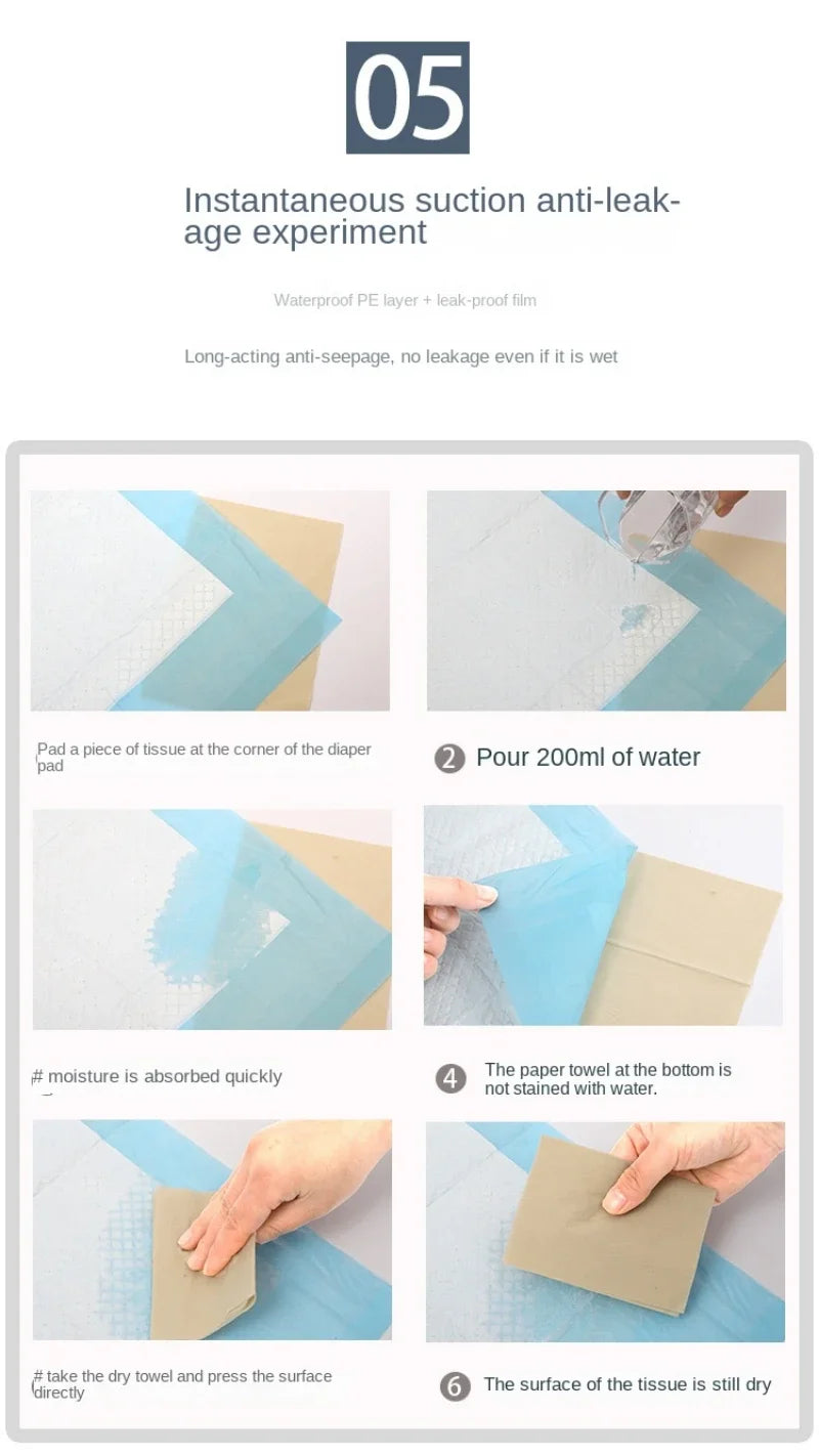 Demonstration of instantaneous suction anti-leakage experiment using disposable absorbent pads and water.