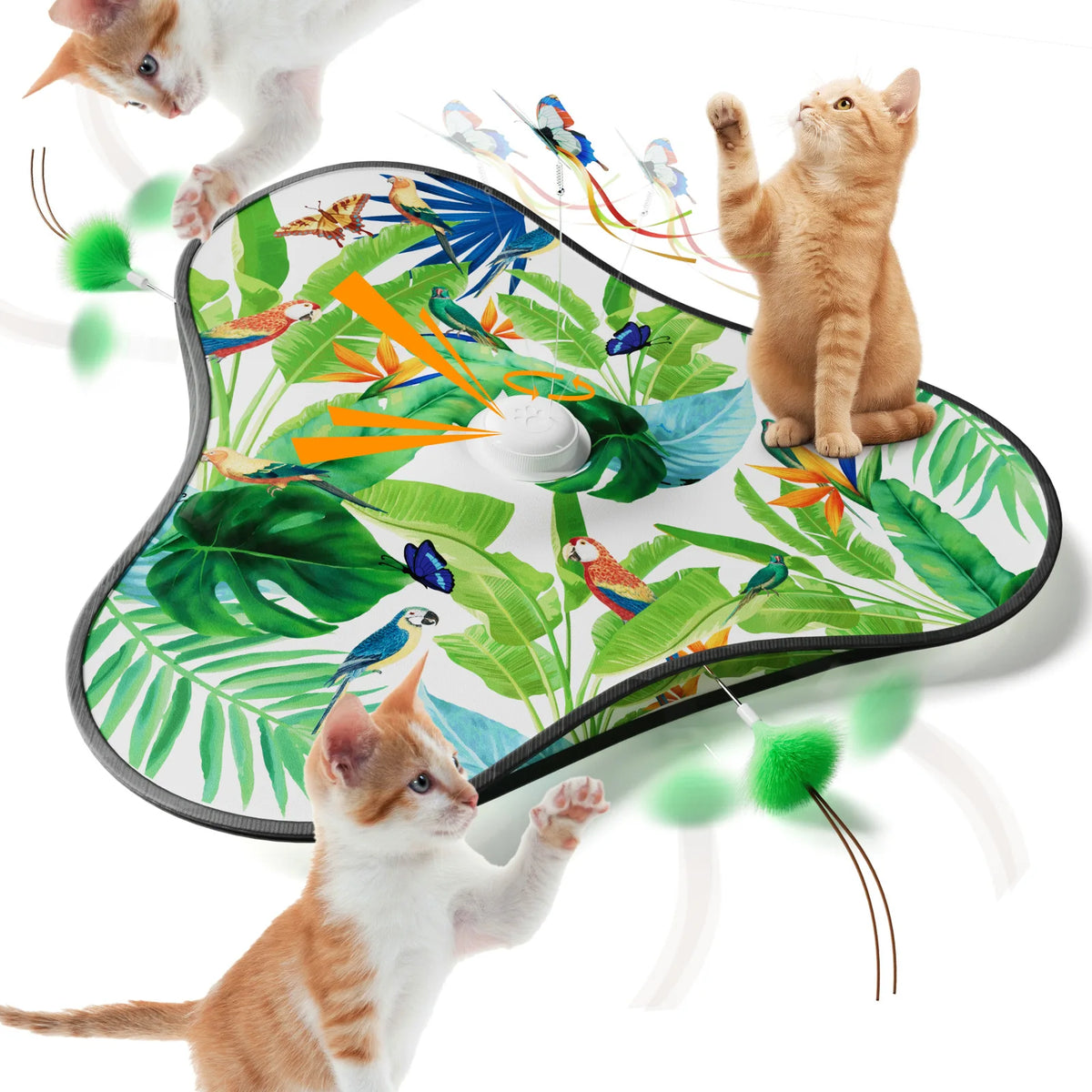 A cat toy featuring colorful feathers and leaves, with a kitten interacting with the toy.