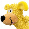 A yellow, fluffy plush dog toy with large ears and a pink nose.