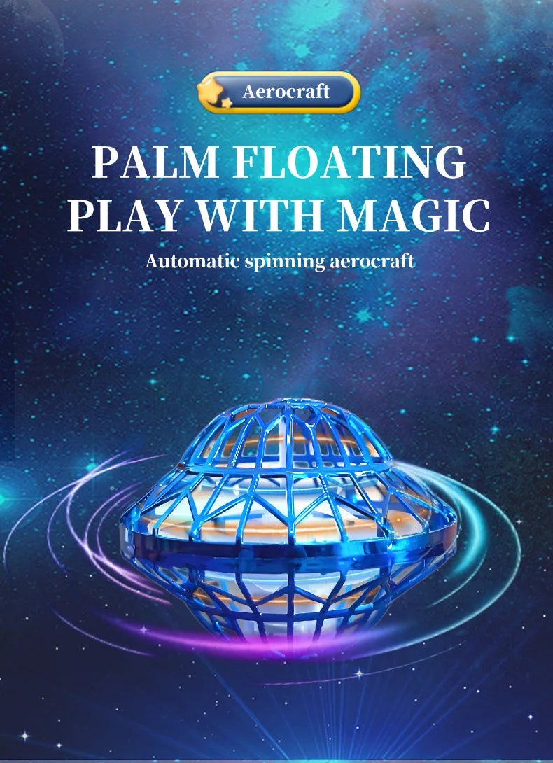 A blue, geometric flying aircraft toy is shown spinning and glowing against a dark, starry background.