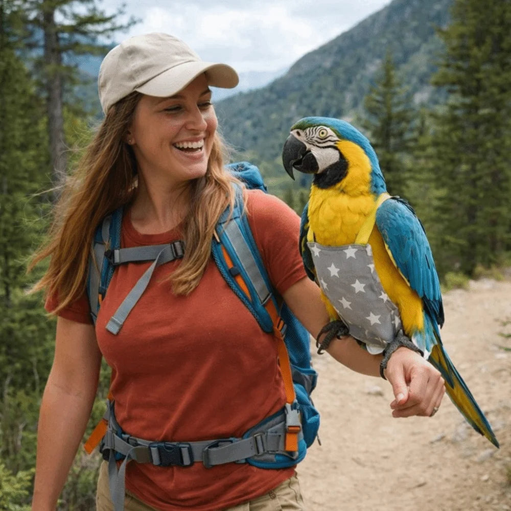 A woman smiling while holding a blue and yellow macaw parrot in an outdoor, forested setting.
