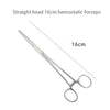 A straight head 16cm hemostatic forceps made of stainless steel.