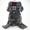 A plaid denim jumpsuit for a small dog, featuring a tartan collar and pockets.