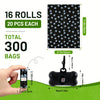 A hand holds a roll of black dog waste bags with an attached dispenser, showing the size and quantity.