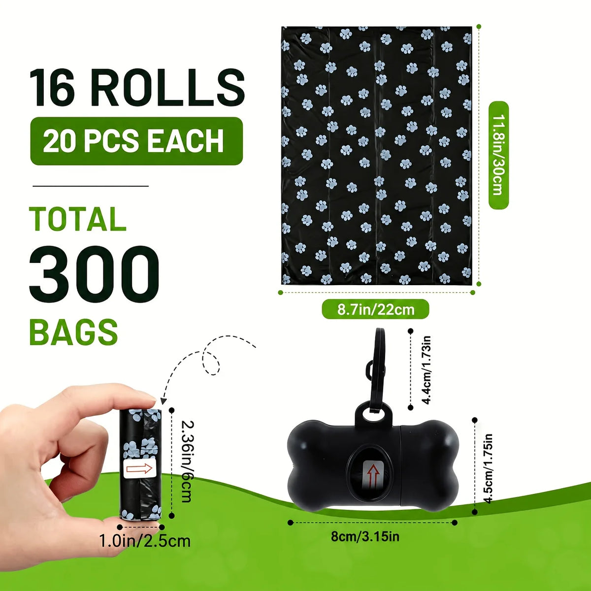 A hand holds a roll of black dog waste bags with an attached dispenser, showing the size and quantity.