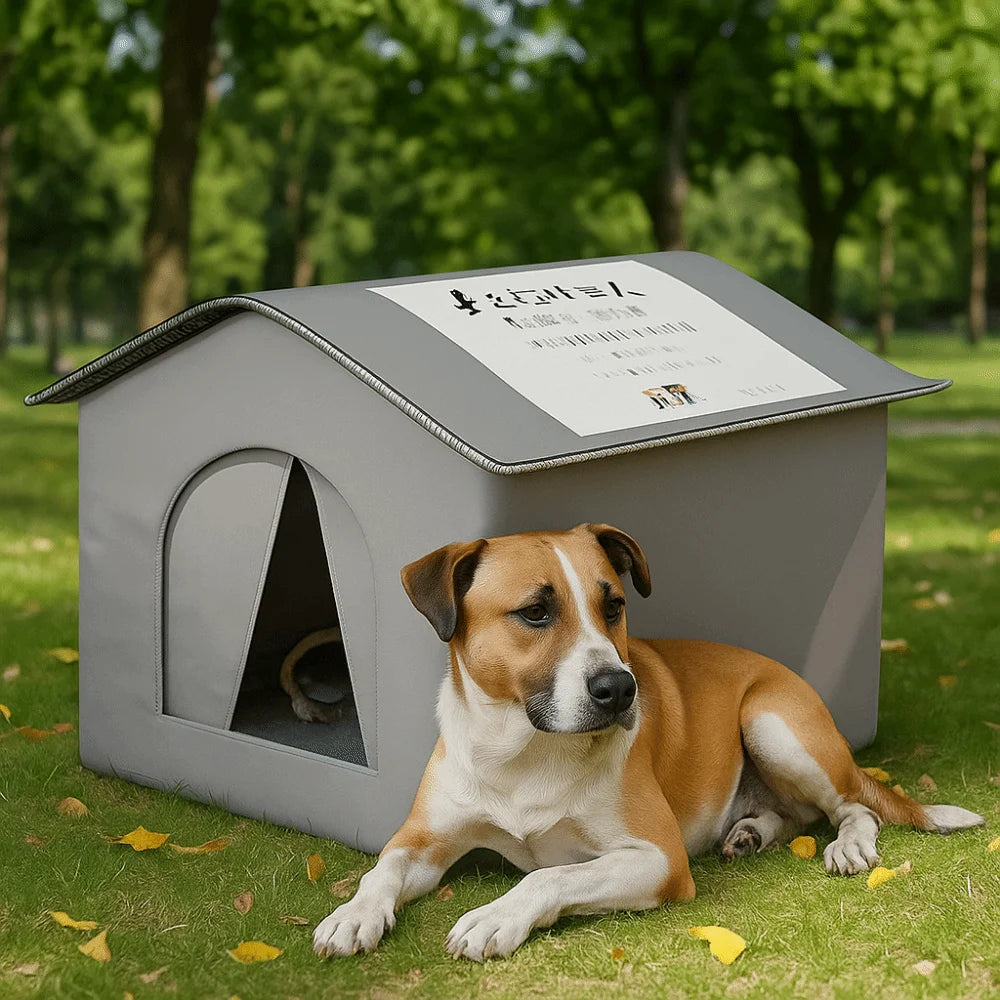 A brown and white dog is lying in front of a gray foldable waterproof insulated cat house in a grassy outdoor setting.