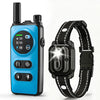 A blue remote training e-collar for dogs with an adjustable stimulation device and a black strap.