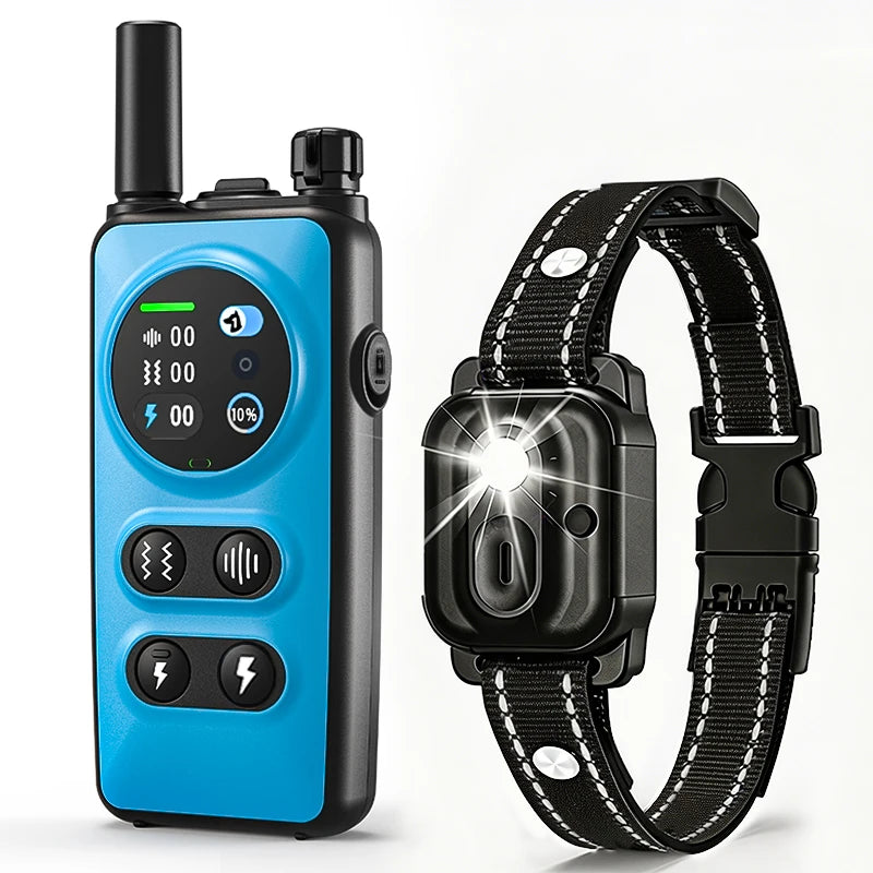 A blue remote training e-collar for dogs with an adjustable stimulation device and a black strap.
