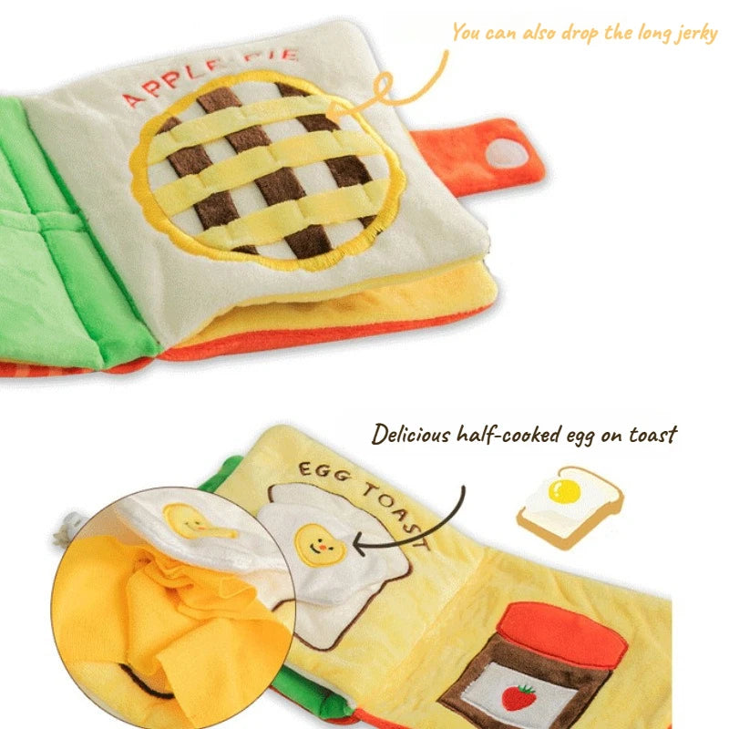 A soft fabric toy featuring an apple pie design and a half-cooked egg on toast, intended for slow feeding or puzzle enrichmen