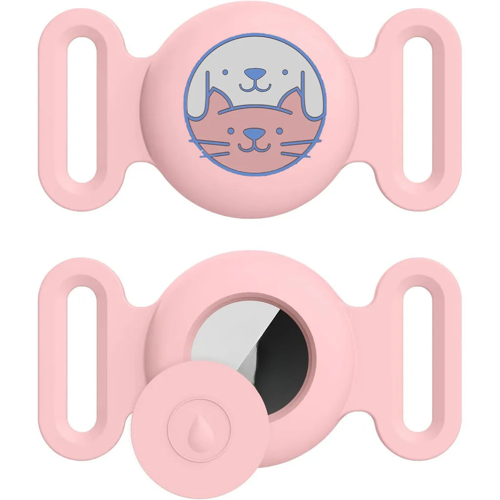 A pink silicone airtag holder with a circular frame and a slot for pet collars.