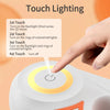 A hand is touching a round white device to activate touch lighting features like turning on a flashlight or colored LED light