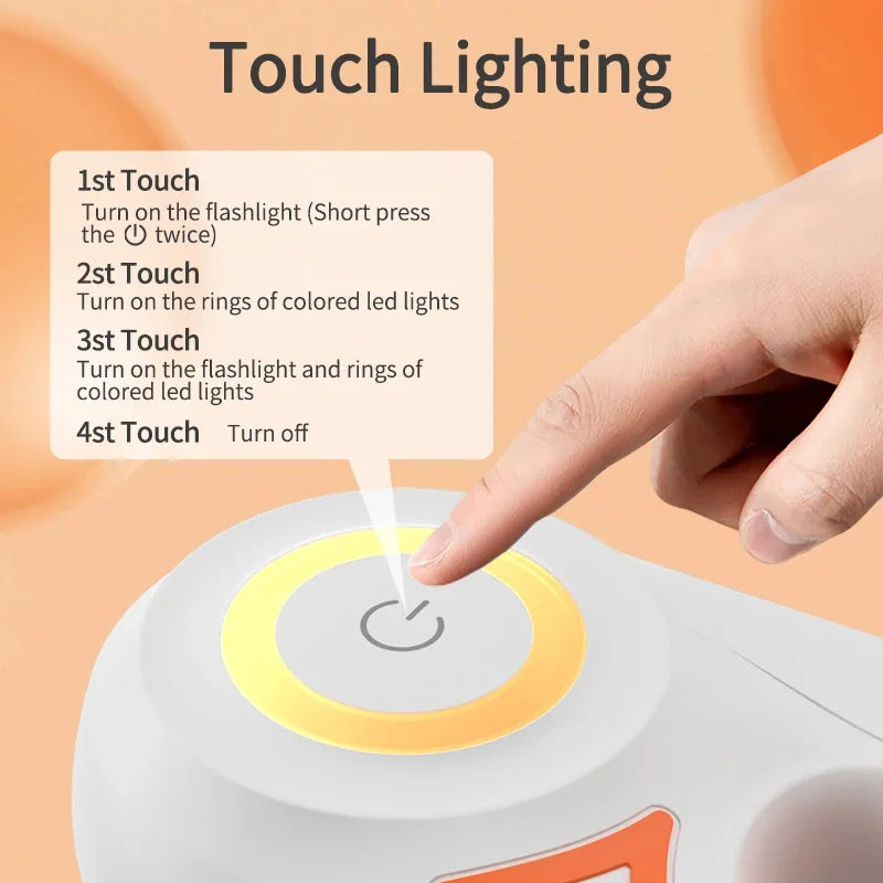 A hand is touching a round white device to activate touch lighting features like turning on a flashlight or colored LED light