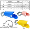 A set of adjustable silicone duckbill dog muzzles in sizes S, M, and L, showing different dimensions and application.