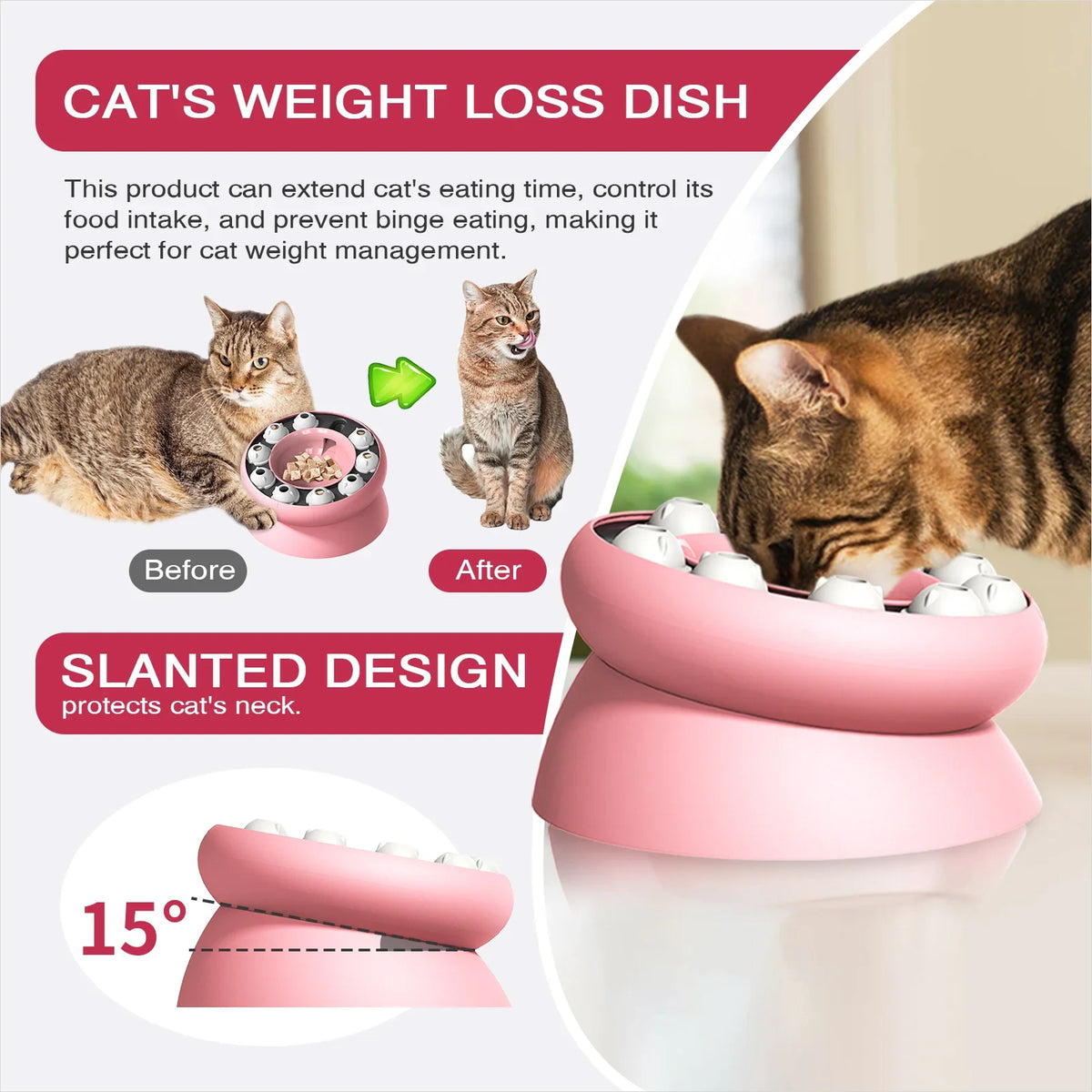 Rosa Slow-Feeder-Schale für Katzen, zeigt Vorher-Nachher-Verwendung, mit geneigtem Design zum Schutz des Halses der Katze.