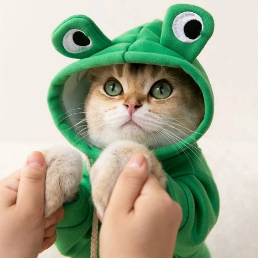 A cat wearing a green frog-themed hoodie is being held by a person's hands.