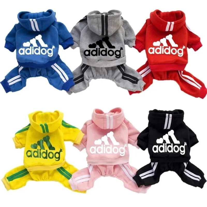 Eine Kollektion farbenfroher Adidas-Anzüge und Mäntel für kleine Hunde.