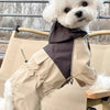 Un chien blanc portant une combinaison imperméable beige et marron assis sur une surface en bois.