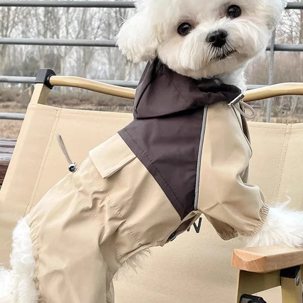 Un chien blanc portant une combinaison imperméable beige et marron assis sur une surface en bois.