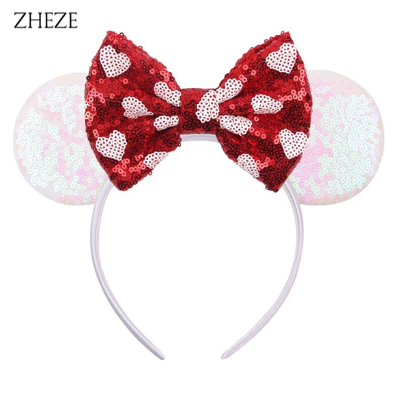 Roter Glitzer-Schleifchen-Mausohren-Haarreif mit rosa und weißen Pailletten