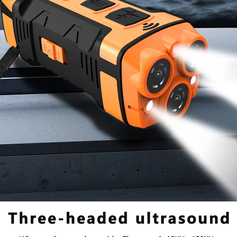 An orange and black ultrasonic dog bark control device is shown emitting a bright beam of light.