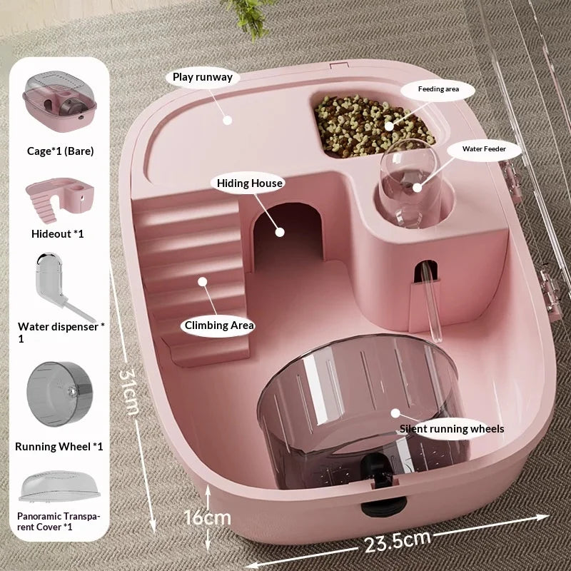 A pink luxury hamster habitat cage showing various accessories like a play runway, hiding house, feeding area, and water feed