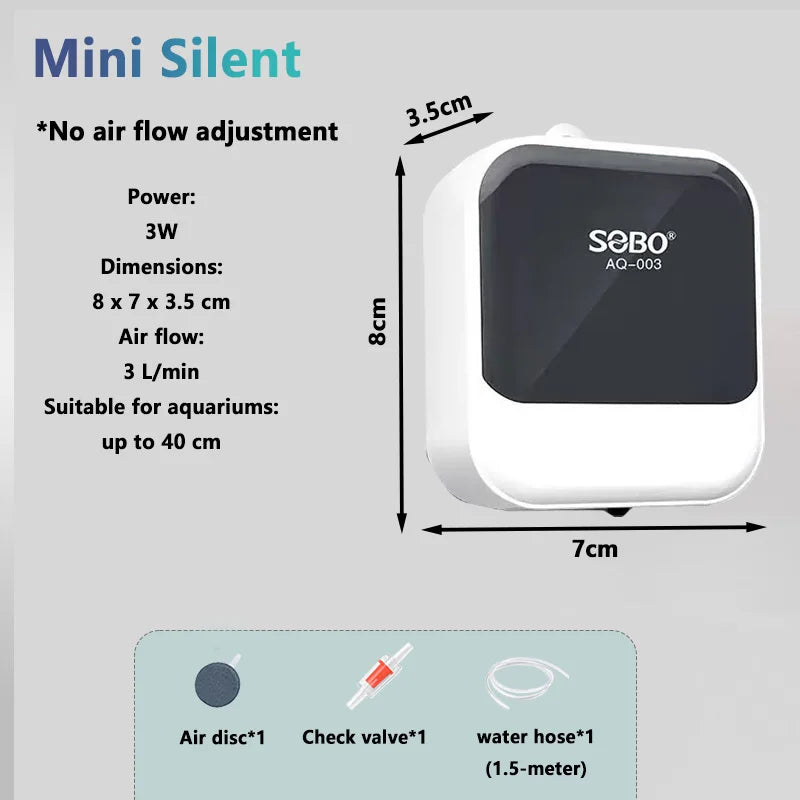 A white Mini Silent air pump for aquariums with specifications and accessories shown.