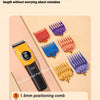 A collection of six hair length positioning combs for a pet grooming clipper, showing various sizes and colors.