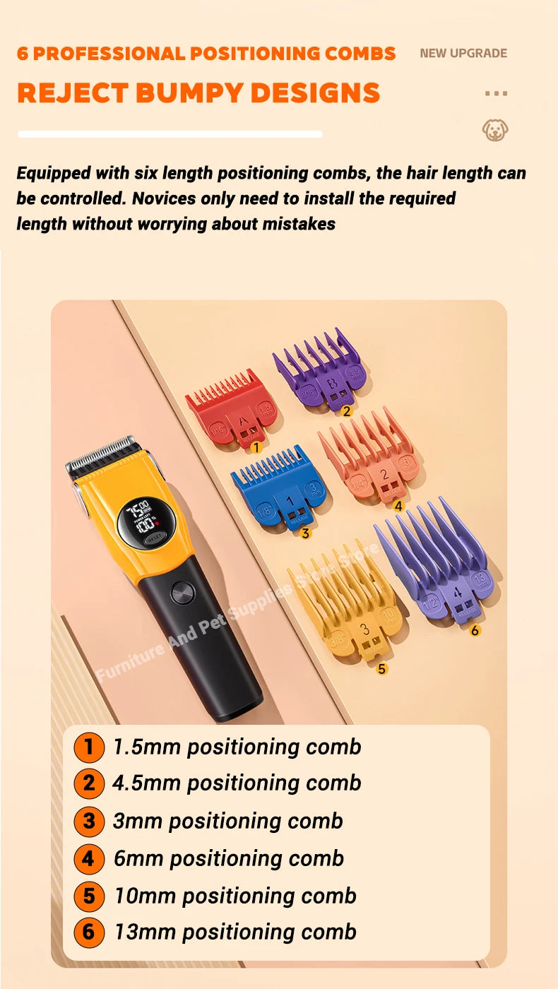 A collection of six hair length positioning combs for a pet grooming clipper, showing various sizes and colors.