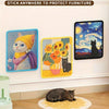 A yellow and purple cat scratch board is displayed on a white wall, with a tabby cat resting on a light-colored mat below.