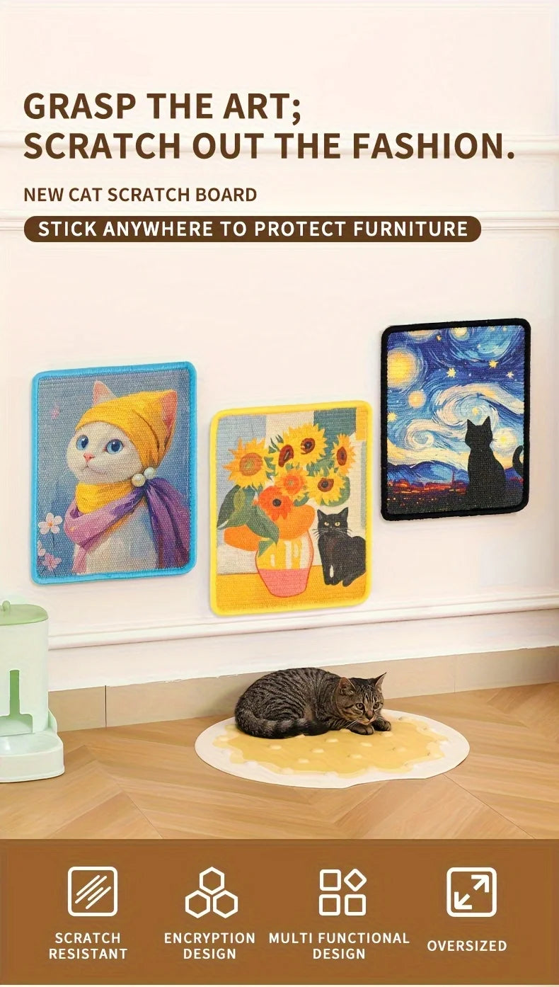 A yellow and purple cat scratch board is displayed on a white wall, with a tabby cat resting on a light-colored mat below.