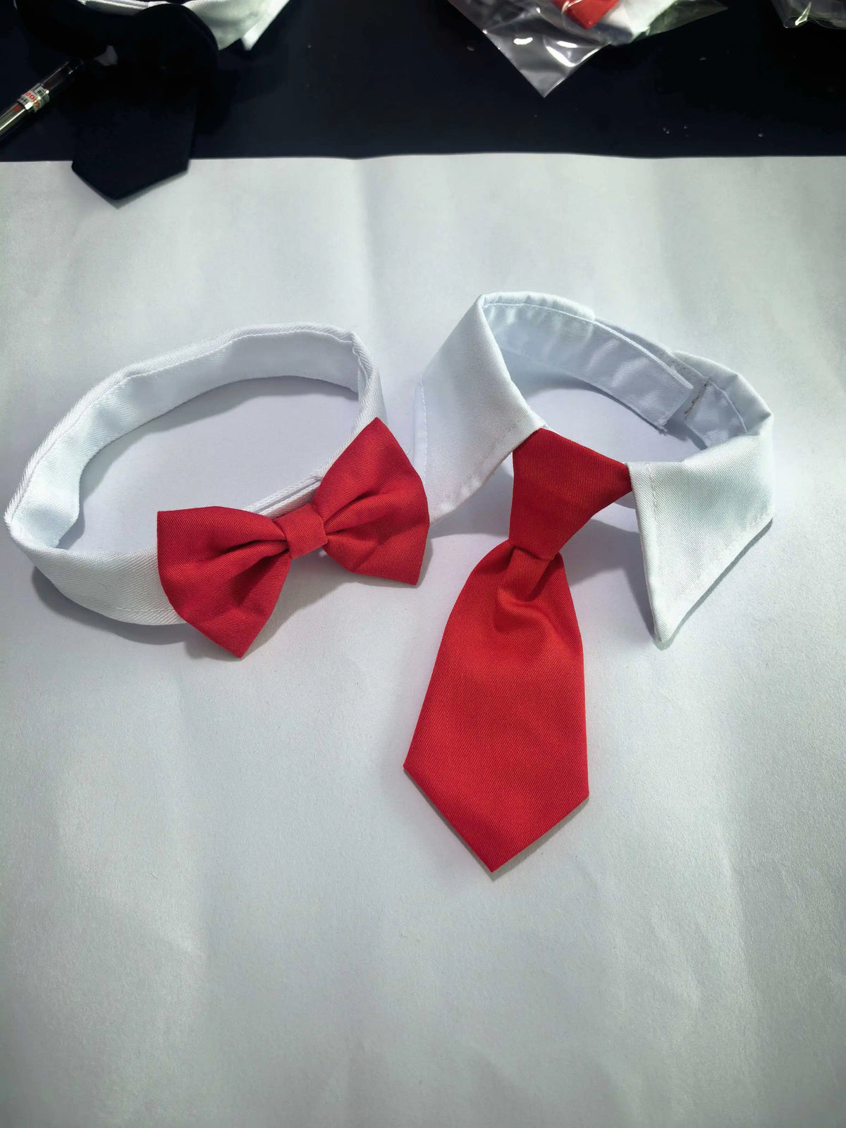 White adjustable formal bow tie collar for cats and small dogs with red fabric