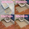 Various sizes of double layer cat litter mats shown on wooden floors, demonstrating dimensions from 30x30cm to 60x90cm.