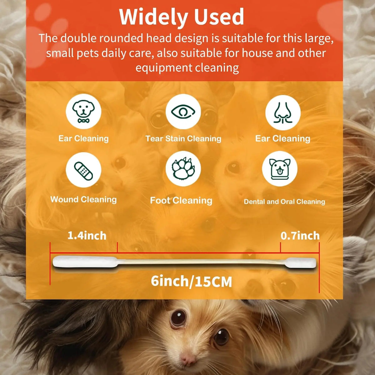 A set of long cotton swabs for pet ear cleaning and other household equipment cleaning, shown next to a dog's fur.