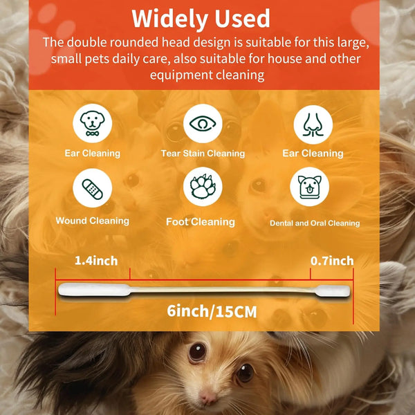 A set of long cotton swabs for pet ear cleaning and other household equipment cleaning, shown next to a dog's fur.
