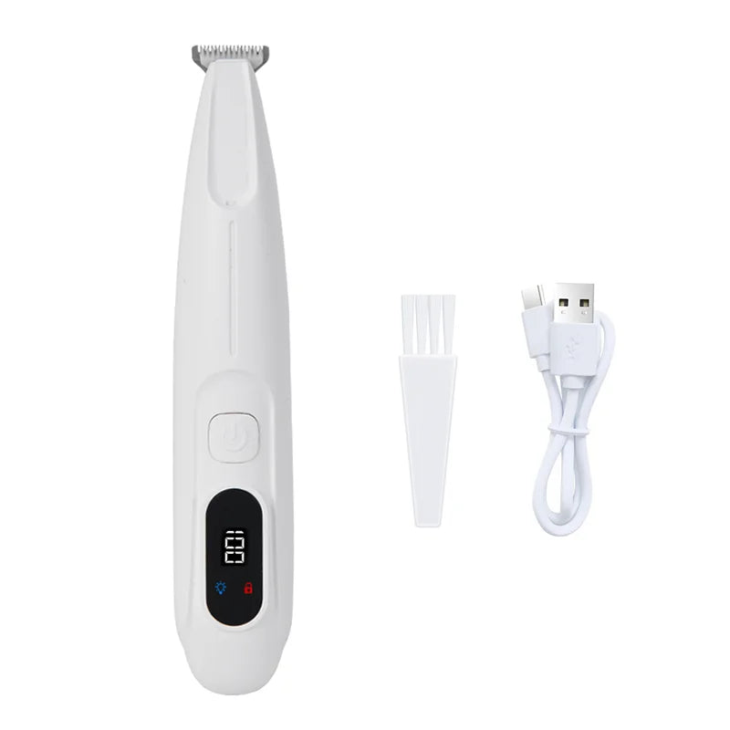 Afeitadora eléctrica para mascotas blanca con cepillo y cable desmontables blancos.