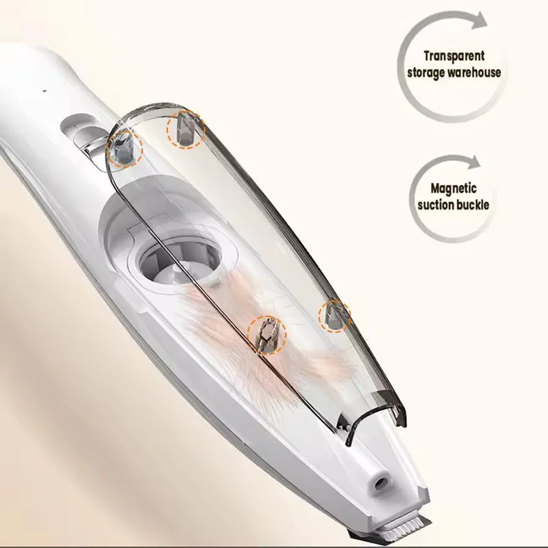Transparenter Haartrimmer für Haustiere mit magnetischer Saugschnalle in Seitenansicht.