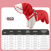 Impermeable para mascotas roja de doble capa con capucha y arnés blanco, vista de plano
