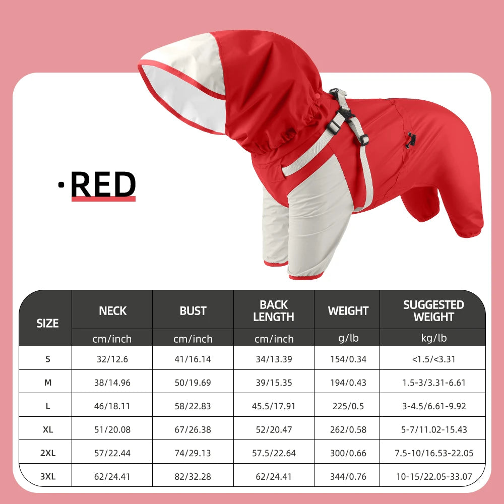 Impermeable para mascotas roja de doble capa con capucha y arnés blanco, vista de plano