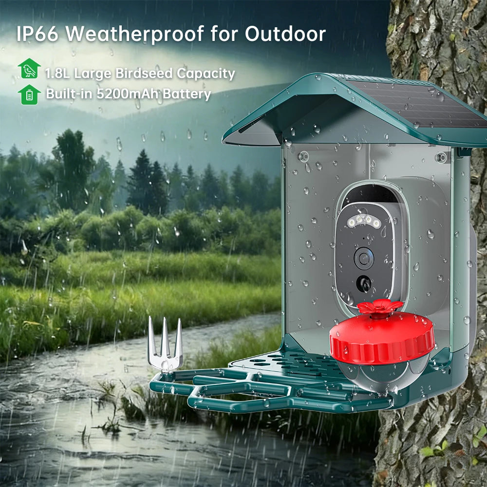 Caméra d'alimentation pour oiseaux étanche IP66 avec mécanisme rouge, montrée à l'extérieur sous la pluie.