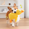 A small dog is playing with a yellow plush duck squeak toy.