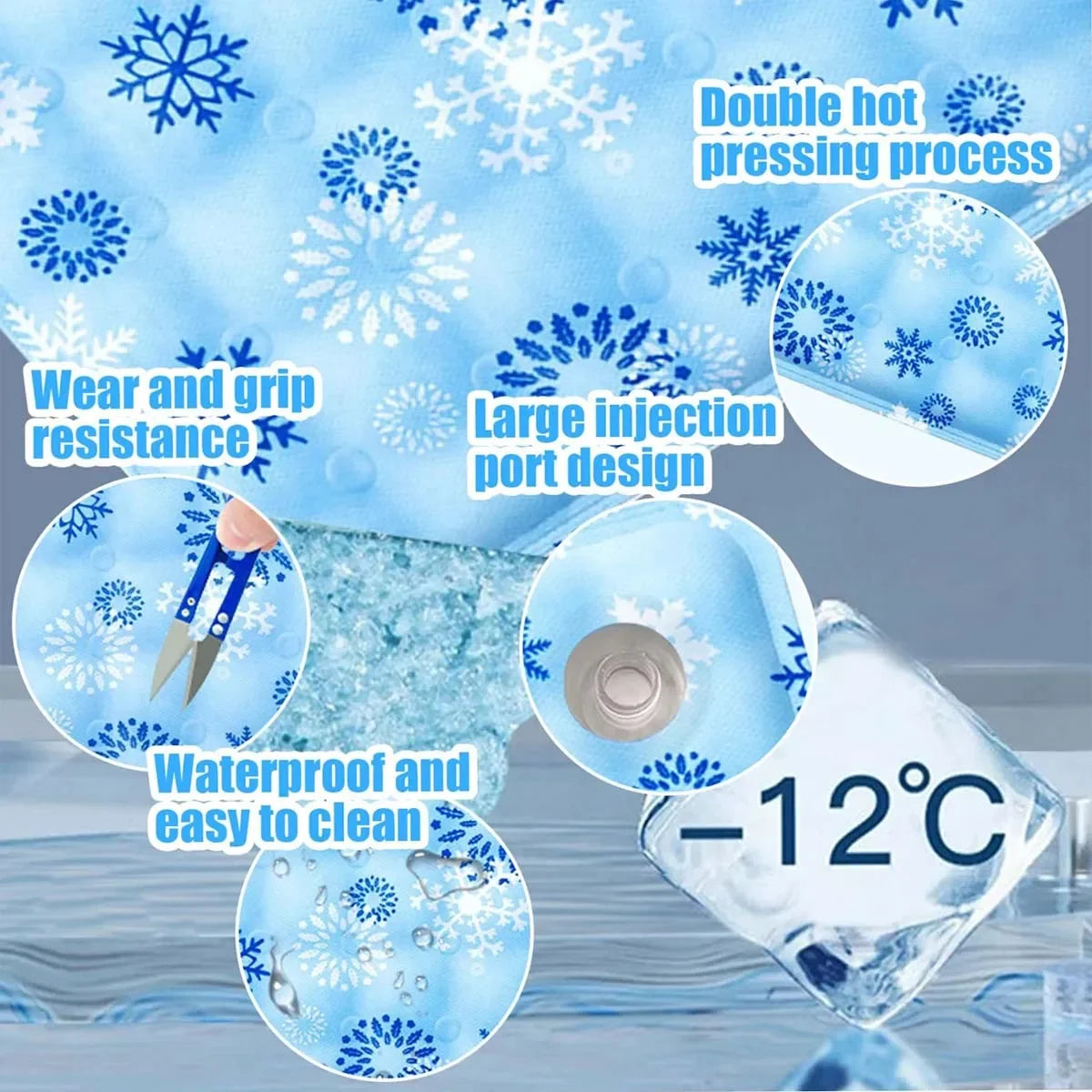 Close-up of a blue pet cooling mat featuring snowflake designs and highlighting features like double hot pressing, waterproof