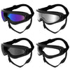 A set of black adjustable anti-glare pet sunglasses for dogs shown in various views.