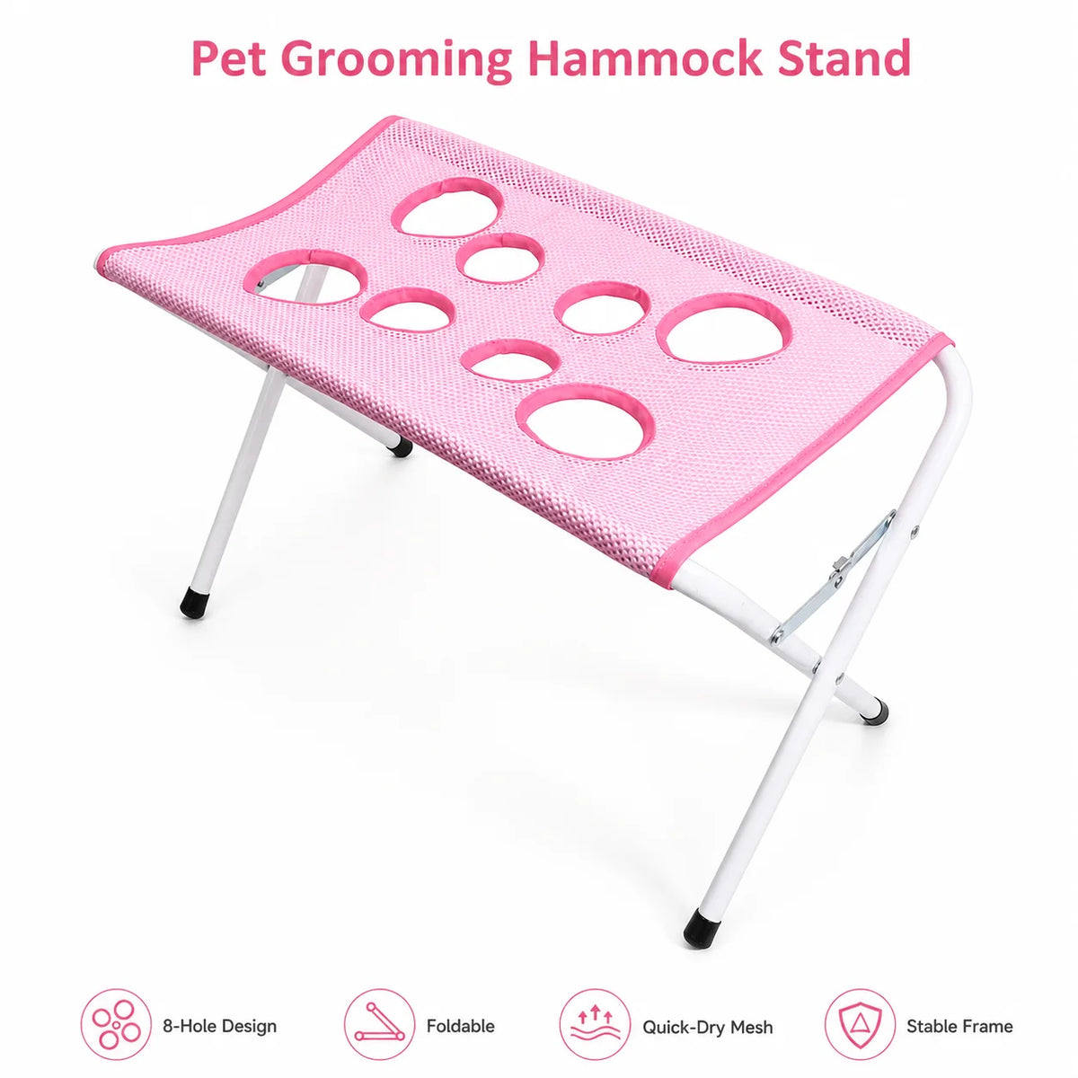 Pinkes faltbares Haustier-Grooming-Hängematten-Ständer mit 8-Loch-Netzdesign und weißem Rahmen.