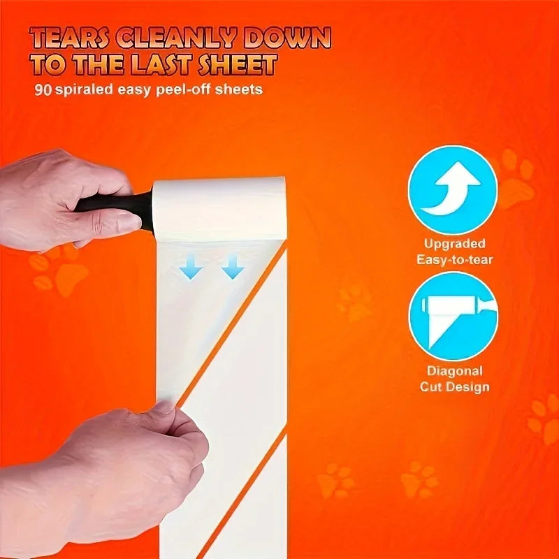 Hands are peeling a sheet of lint roller to remove pet hair, demonstrating the easy tear design.