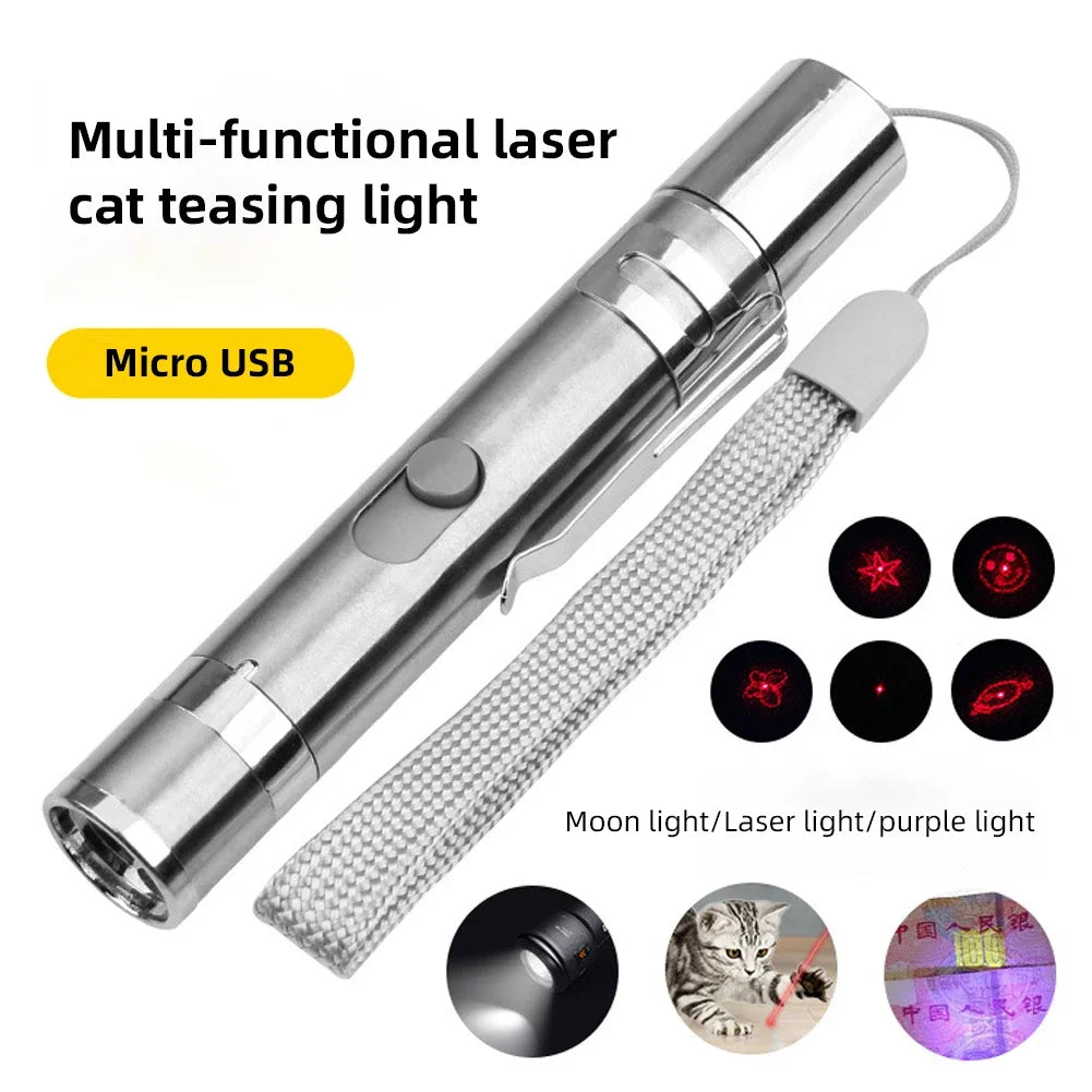 A silver multi-functional laser cat teasing light device with a USB connector and various light modes.
